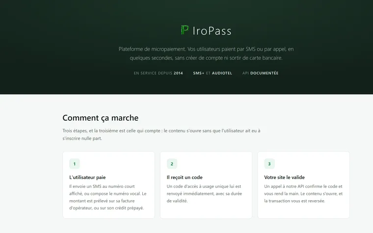 Screenshot of the IroPass home page