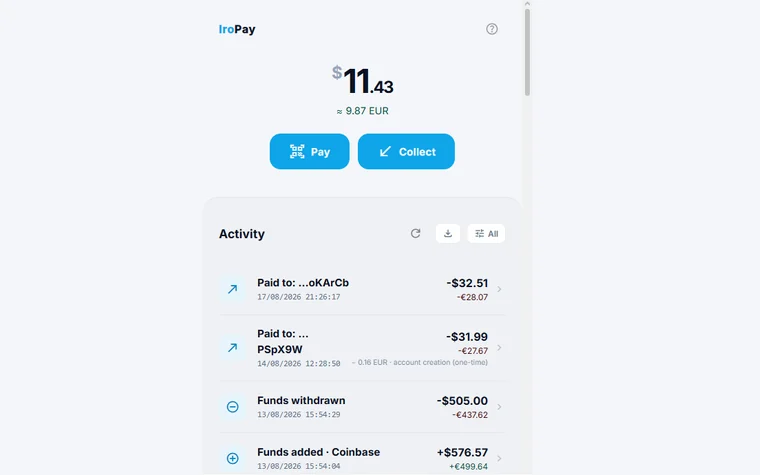Screenshot of the IroPay home page